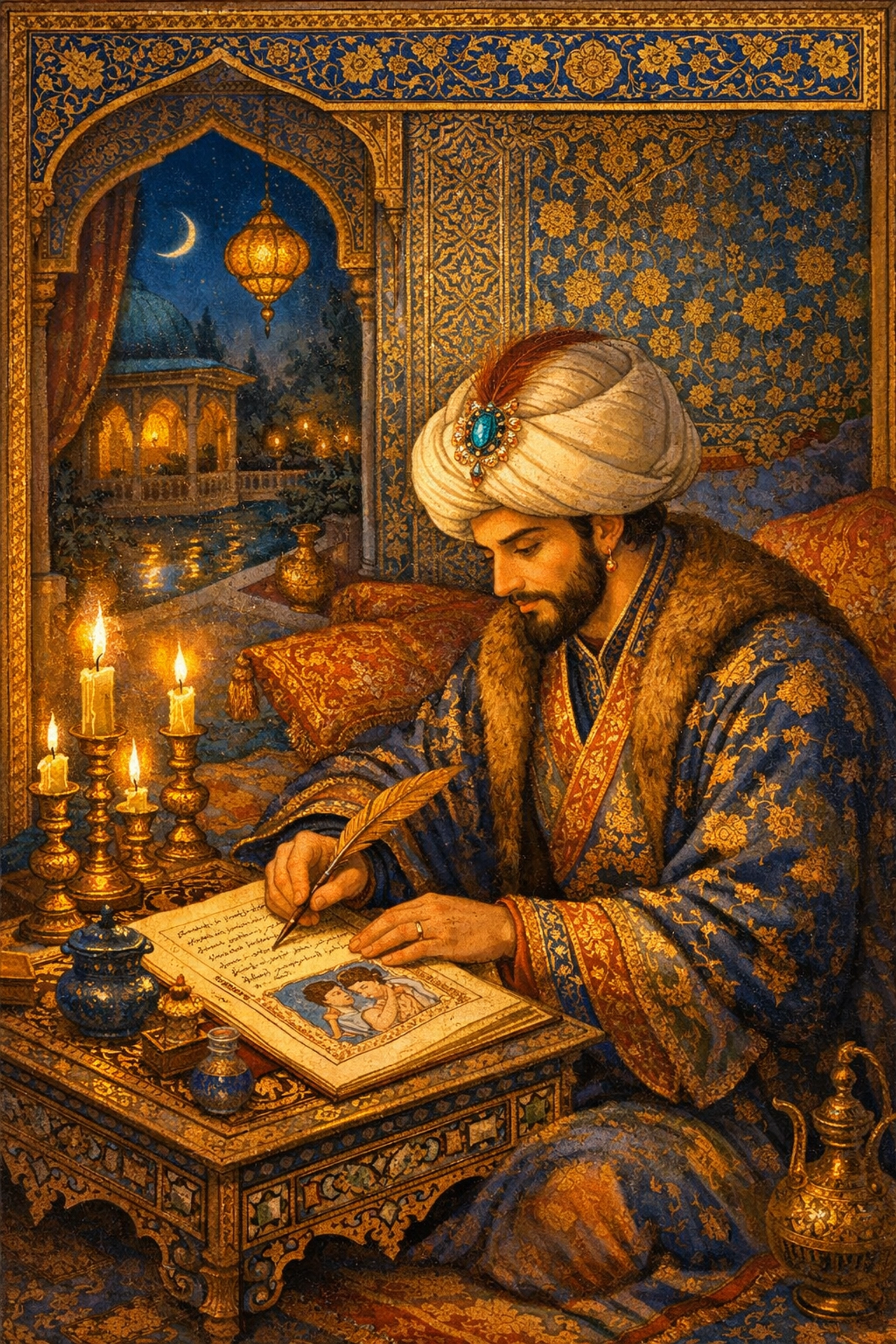 Ottoman courtier writing homoerotic Divan poetry by candlelight in ornate palace chamber