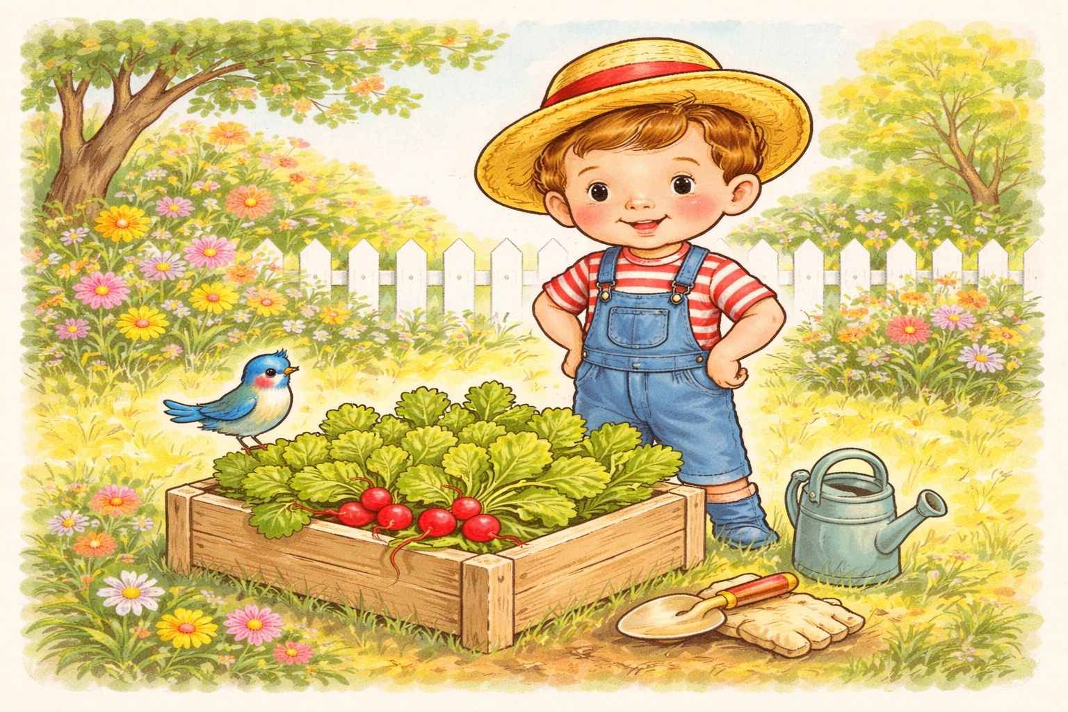 A young child stands proudly by a planter box full of fresh lettuce and radishes in a sunny backyard salad garden.