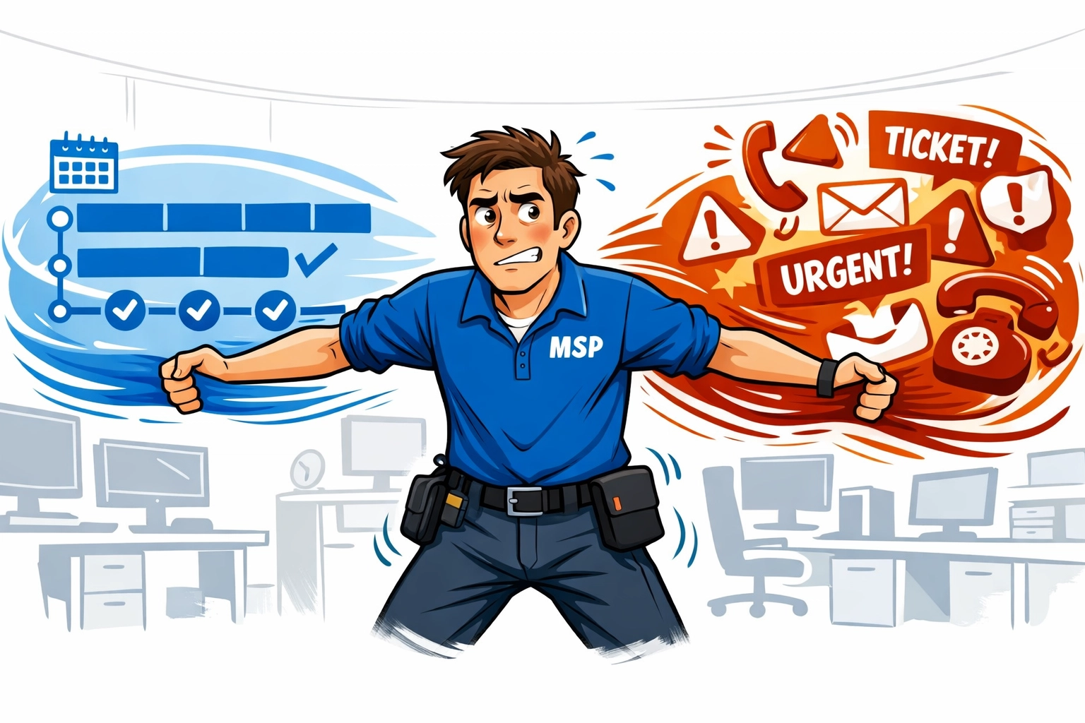MSP technician stressed and pulled between calm project timelines and urgent ticket alerts causing burnout