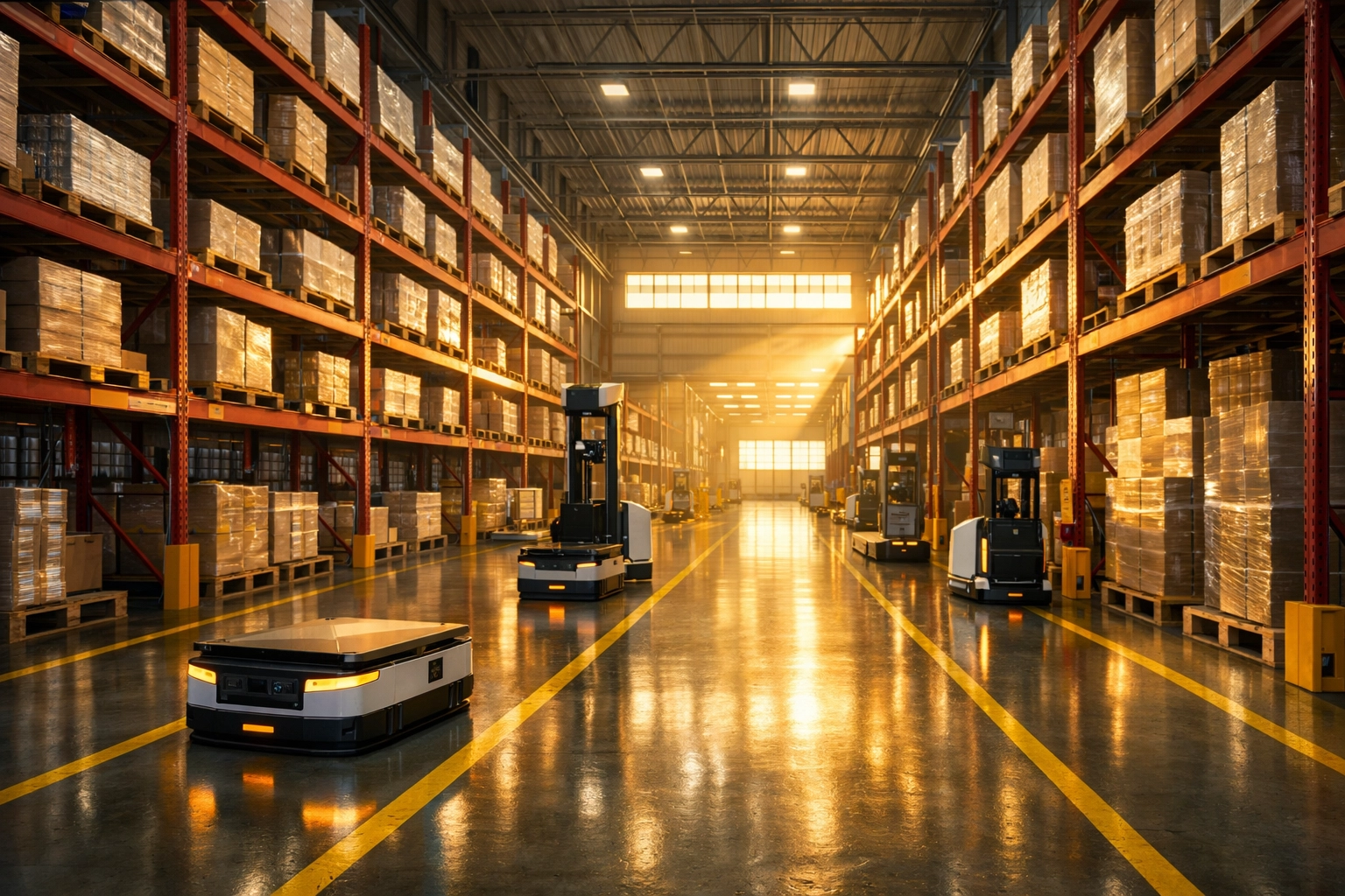 Modern warehouse management services featuring automated vehicles and organized morning fulfillment operations.