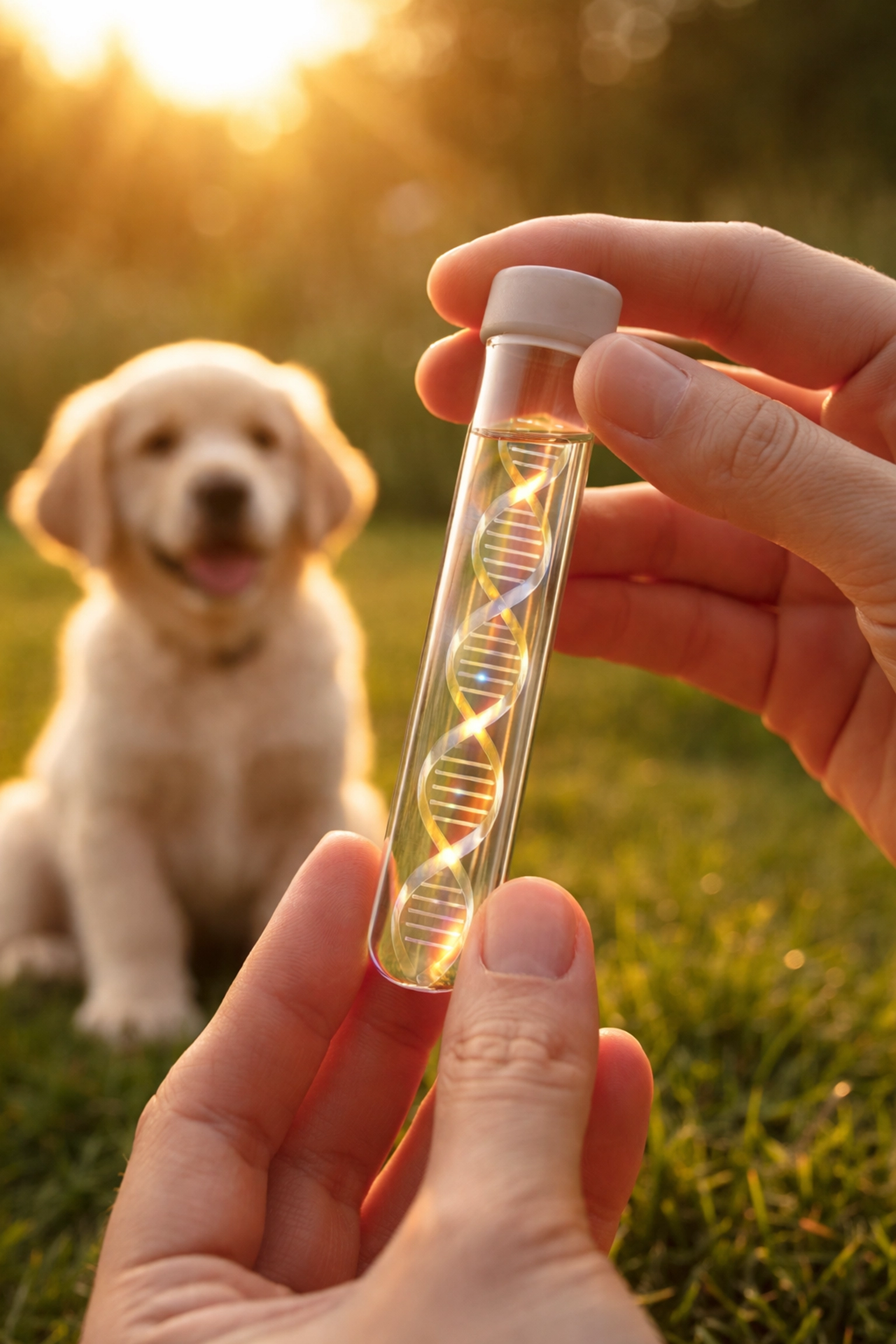 DNA test tube shown with a Golden Retriever puppy, highlighting advanced genetic screening for healthy Oregon puppies.