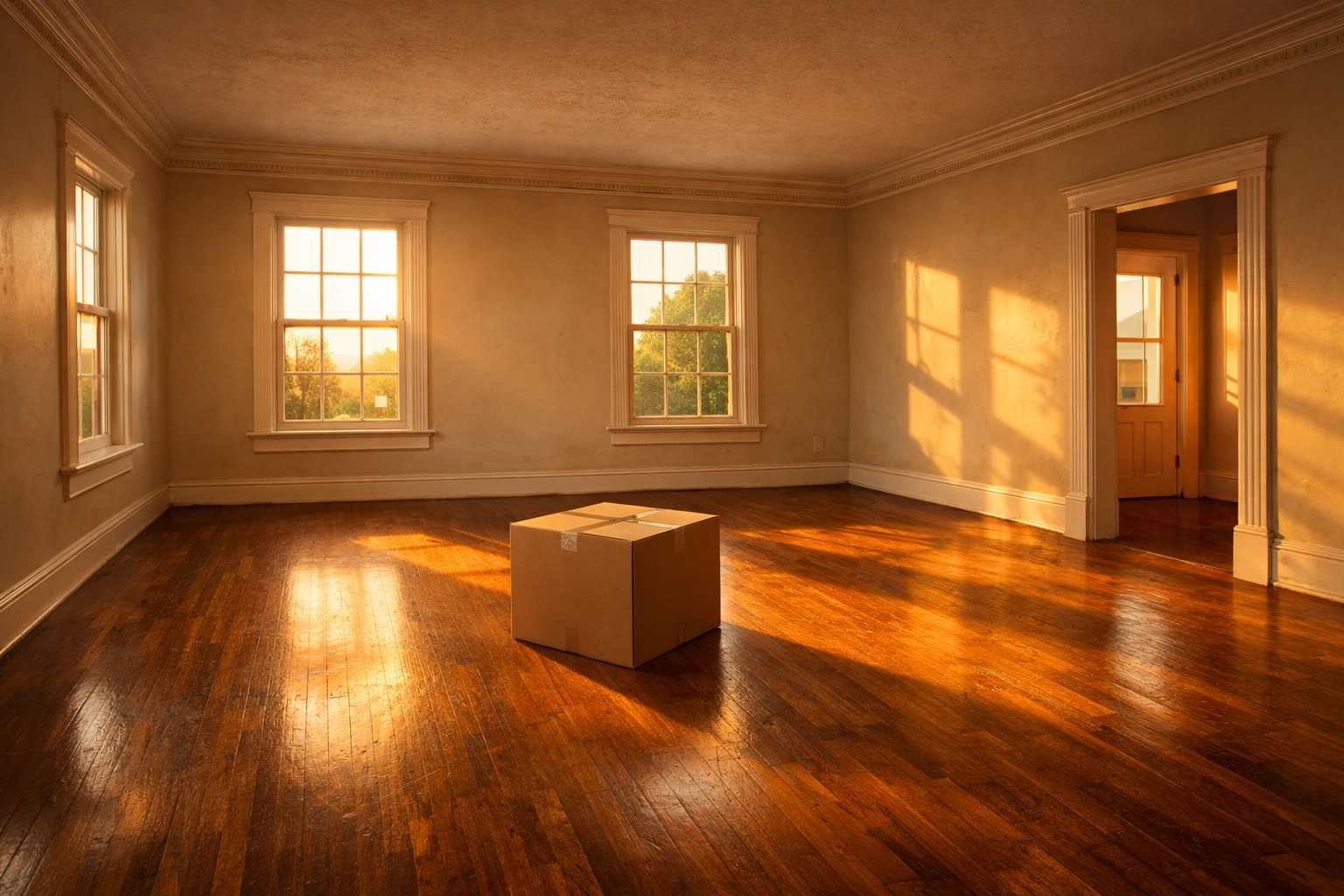 An empty living room with one moving box, representing a successful as-is house sale in Nashville.