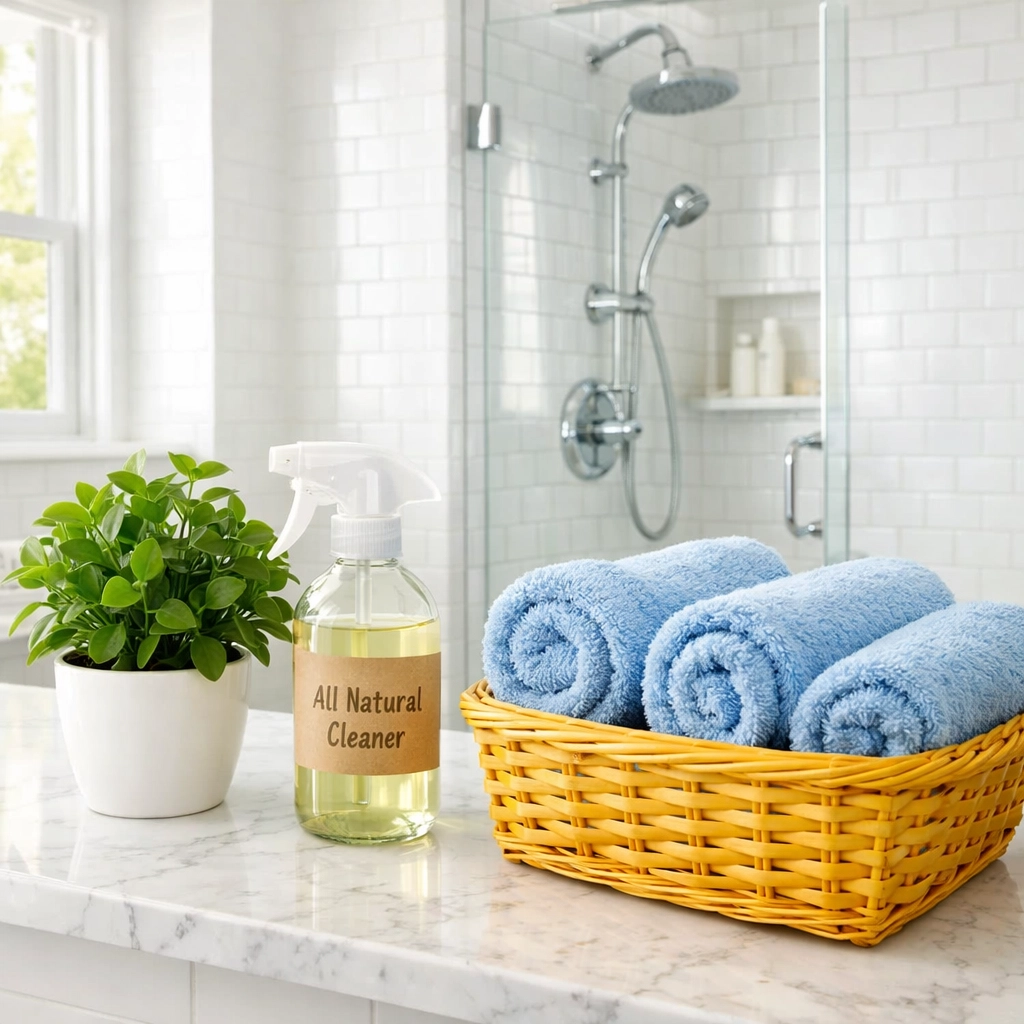 A sparkling clean modern bathroom highlighting eco-friendly options from house cleaning services in MA.