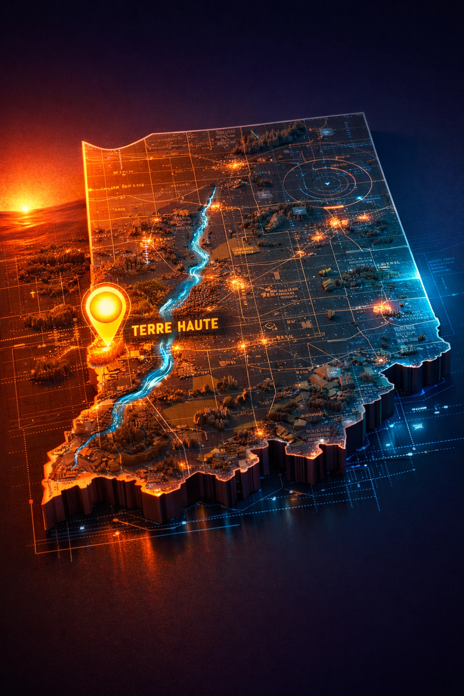 Map of Indiana highlighting Terre Haute's location on the edge of the Eastern Time Zone.
