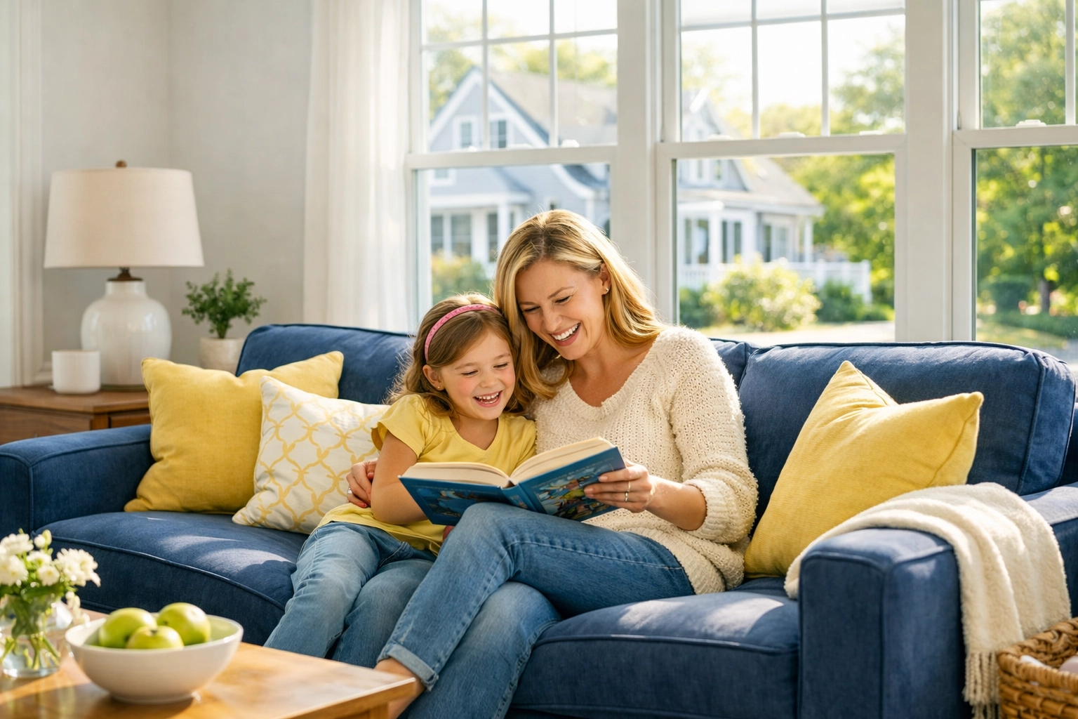 A happy family relaxing in a spotless living room thanks to deep cleaning services in Massachusetts.