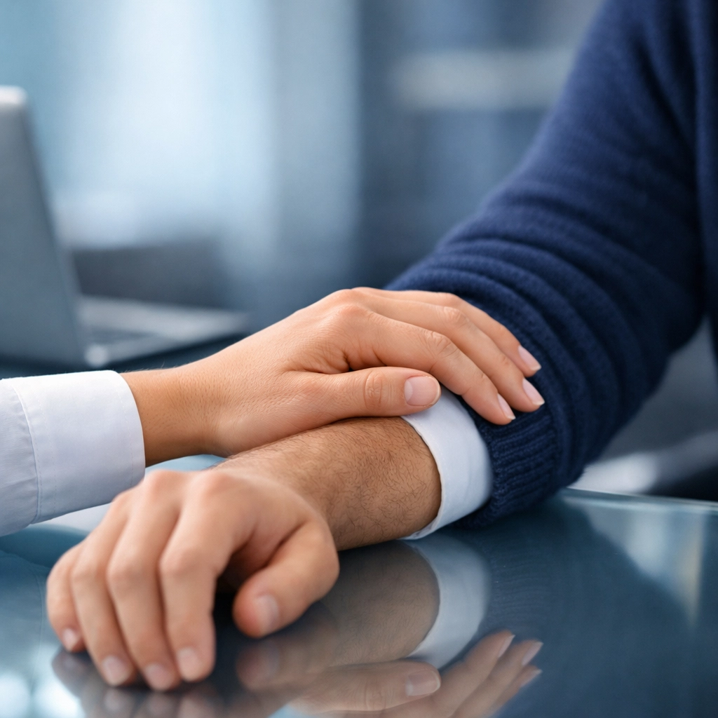 A reassuring gesture representing a helpful partner for an emergency loan or instant approval loan.