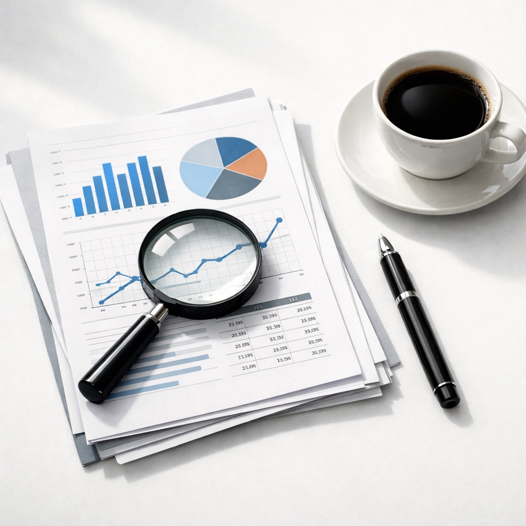 Magnifying glass over analytical reports illustrating a precise investigative plan to prevent scope creep.