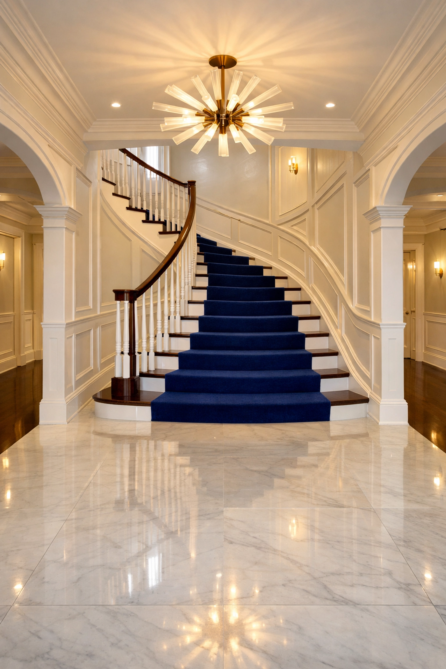 Sparkling grand entryway and marble floors in a Harvard MA home after professional premium cleaning.