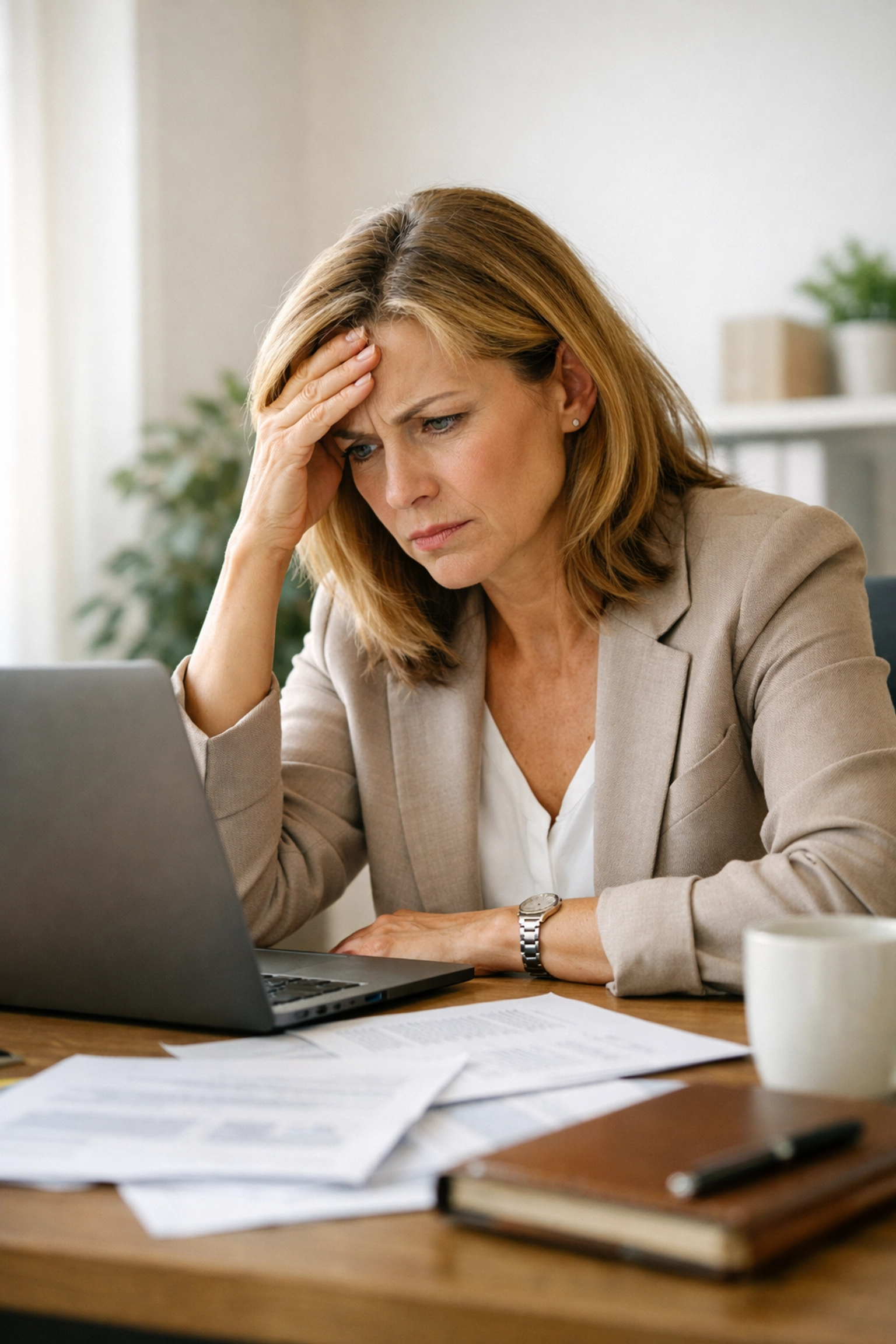Professional woman experiencing menopause brain fog and stress while working at her office desk