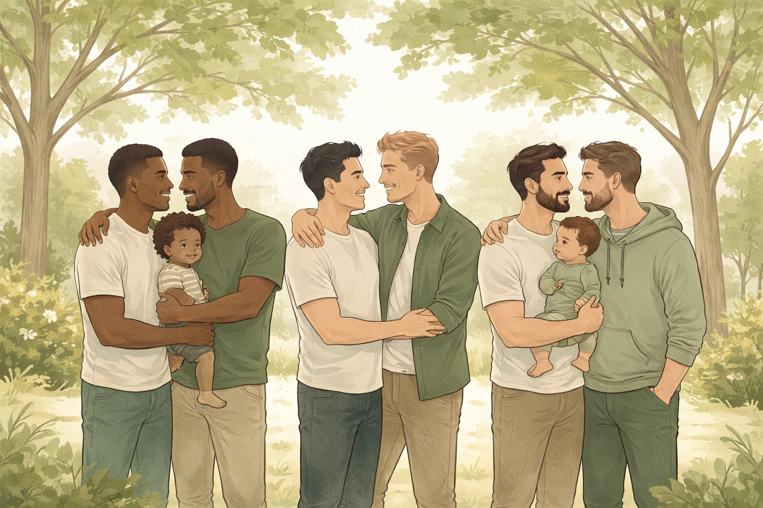 A gathering of diverse gay couples and children in a park, celebrating chosen family and LGBTQ community support.