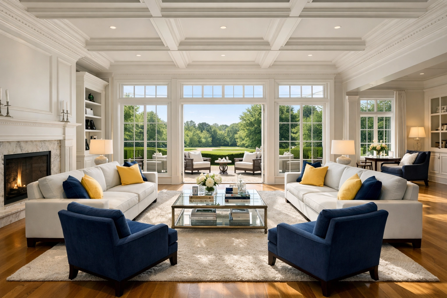 Sun-drenched luxury living room in a Dover estate showing the results of professional residential cleaning Massachusetts.