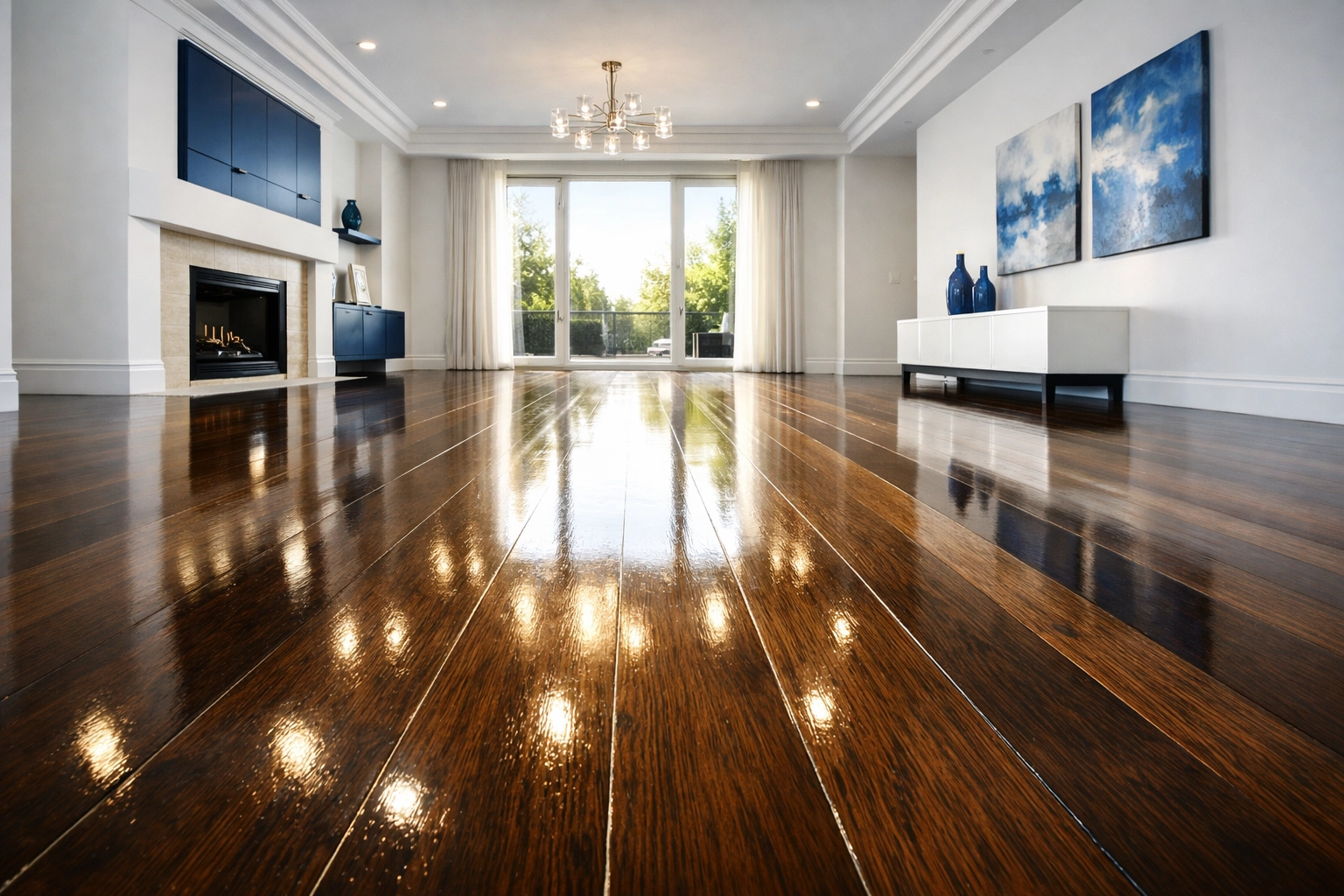 Professionally mopped dark wood floors in a bright, empty living room after a Ninja move-out clean.
