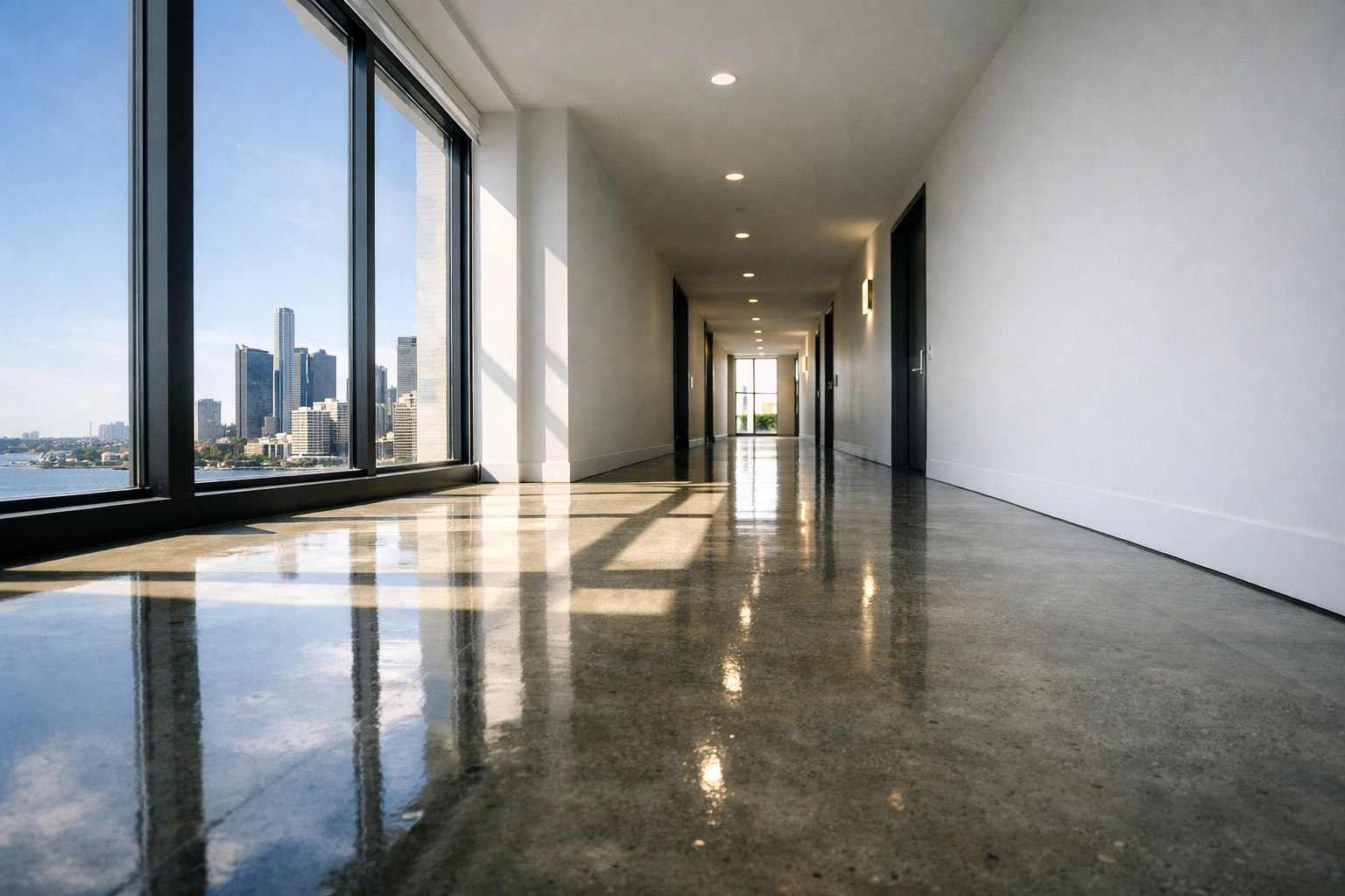 Clean, sun-drenched hallway in a professional Detroit apartment complex.