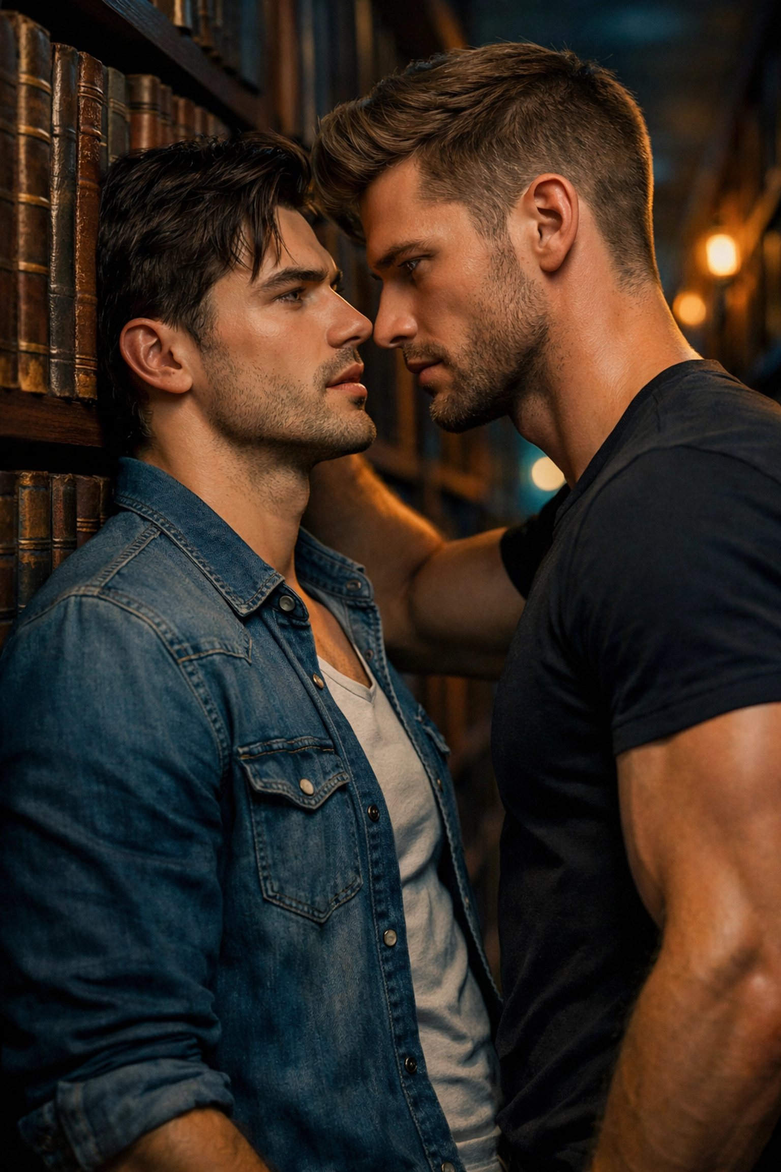 Two handsome men standing close in a library, depicting a classic forced proximity trope in MM romance books.