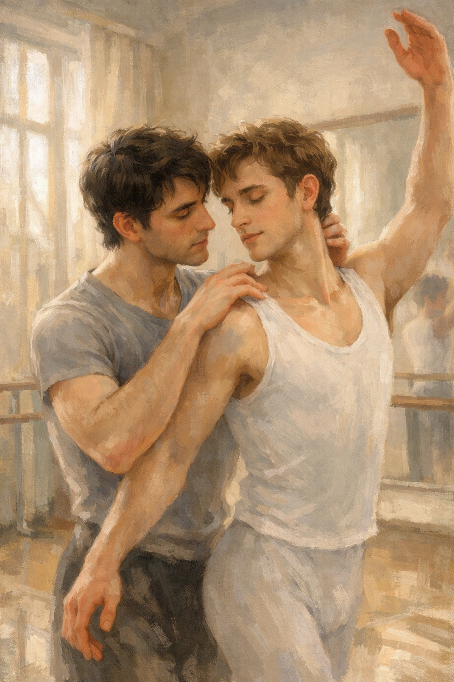 Gay male ballet dancers in tender teaching moment at studio