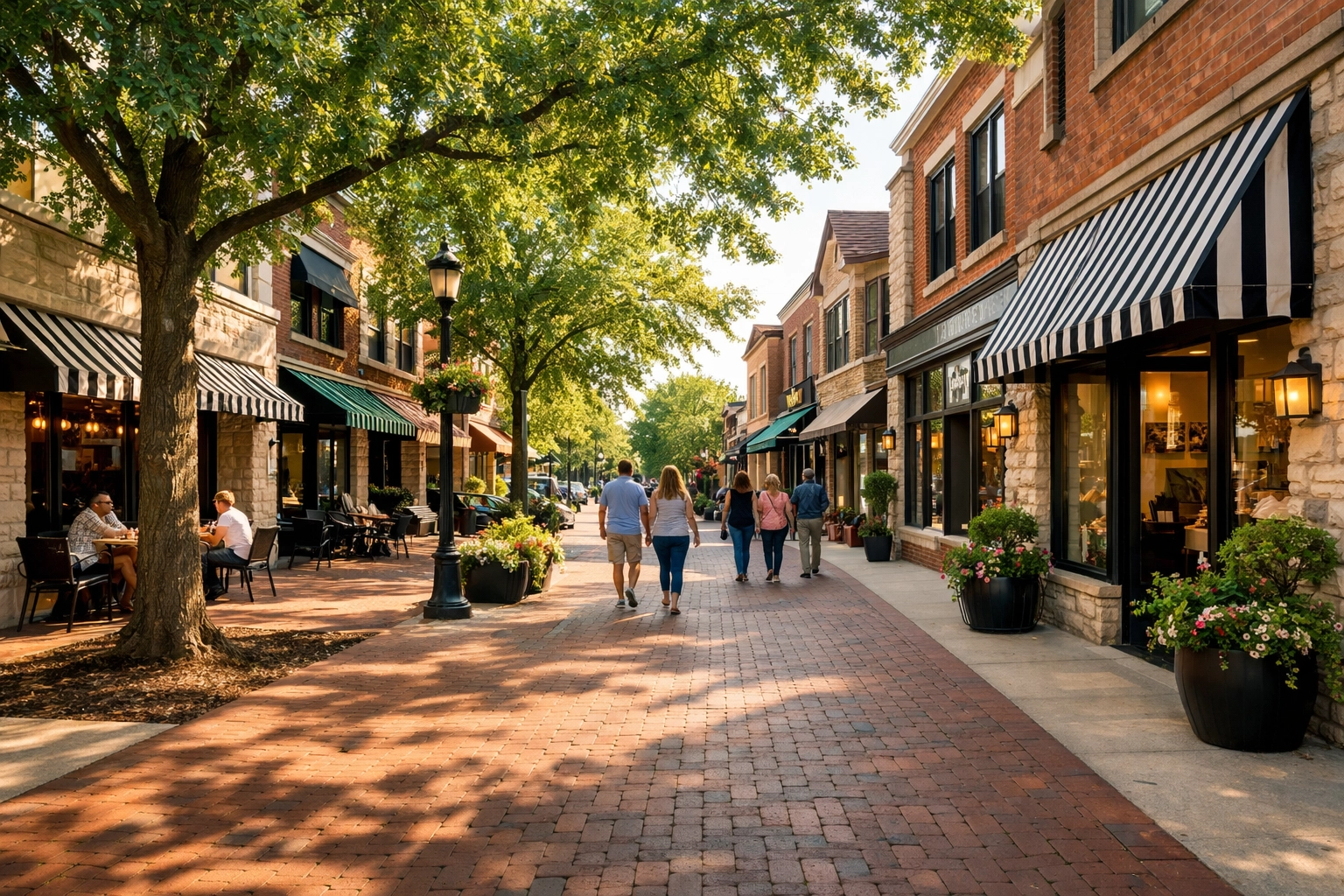 A walkable downtown street in the Chicago North Shore suburbs with local boutiques and mature green trees.