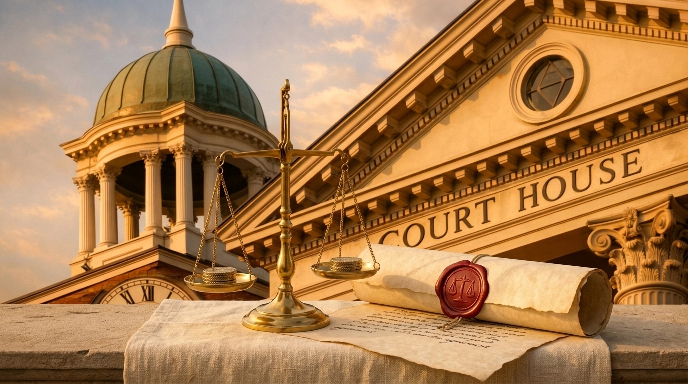 Brass scales of justice and a signed document, representing the peaceful resolution of a marriage.