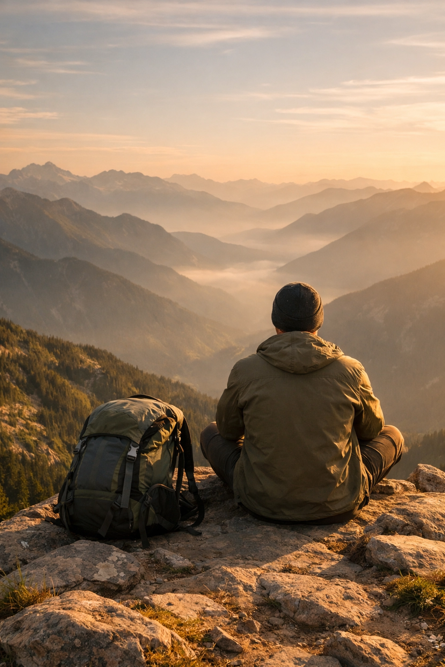 A solo hiker resting on a peak to enjoy the view during a weekend guided hiking tour in the UK.
