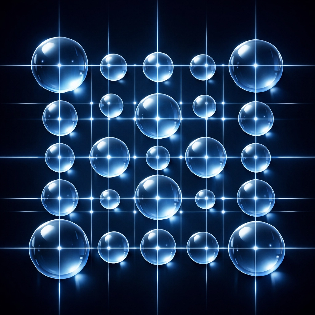 Symmetrical digital spheres organized by light beams, representing a shift from manual chaos to automated order.