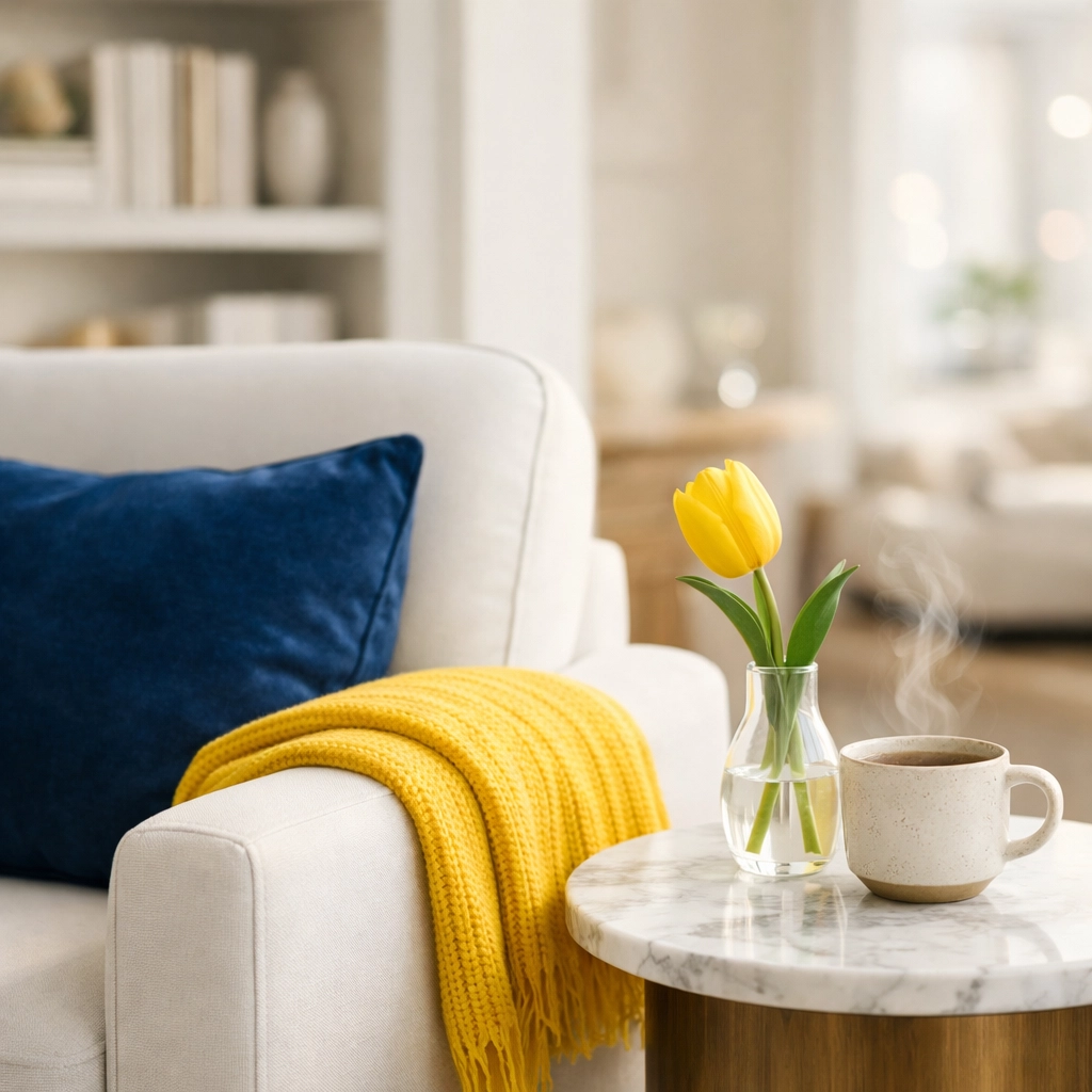 A spotless, dust-free reading nook in a home maintained by a bi-weekly cleaning service for a stress-free environment.