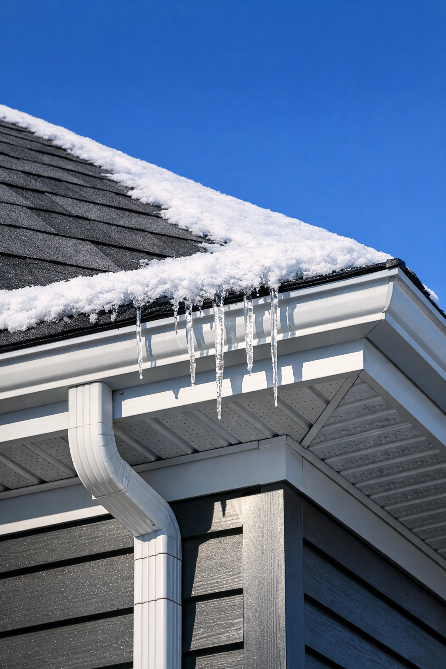 Snow-covered Edmonton house roof with icicles at the gutter illustrating potential winter insulation issues.