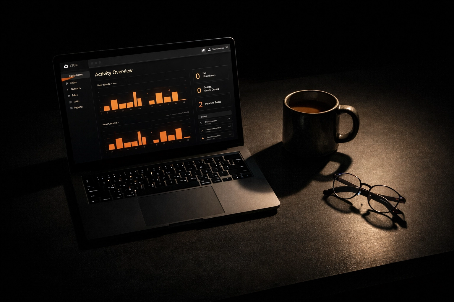 Dark minimalist desk with a CRM dashboard showing stagnant sales activity for a remote SDR team.