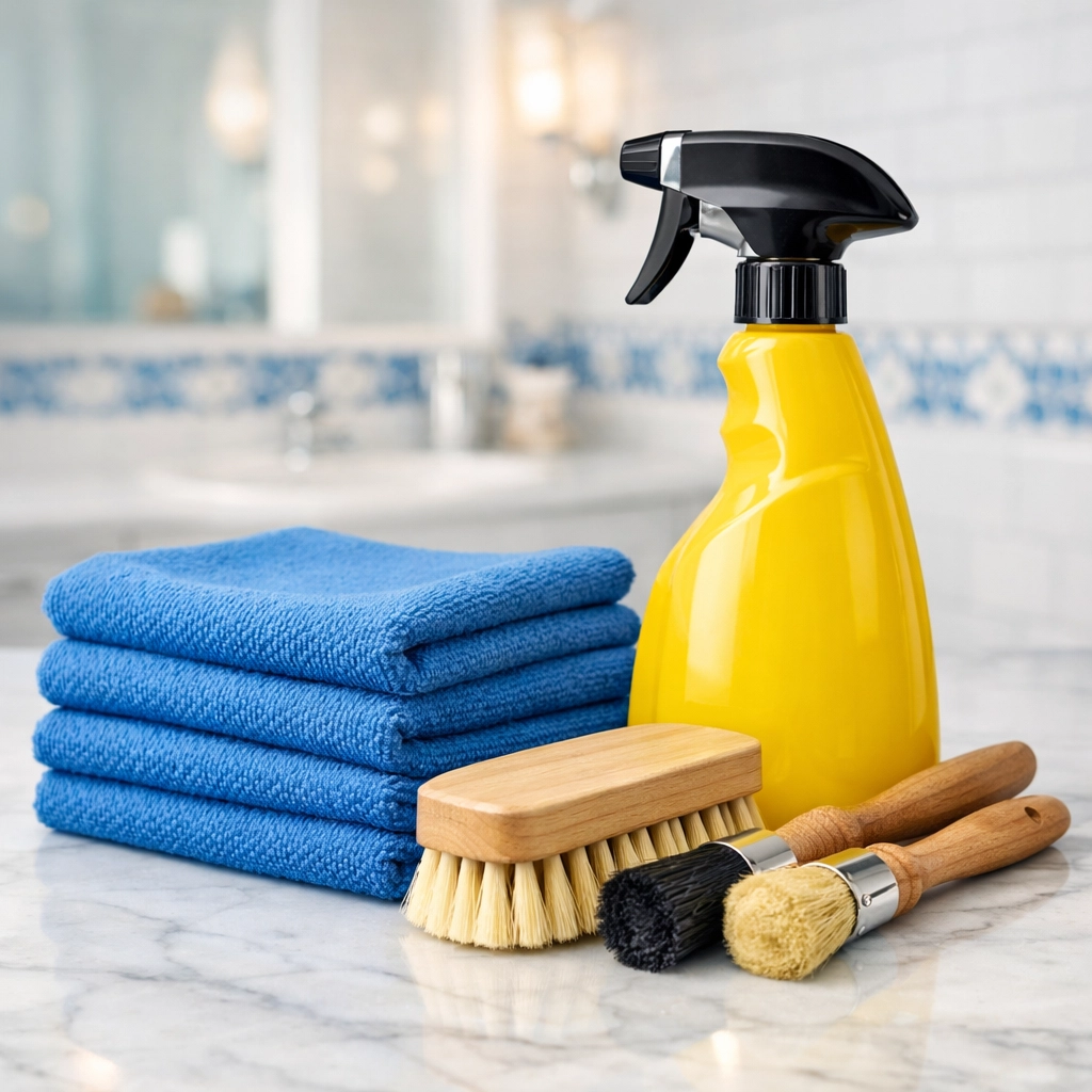 Professional cleaning supplies and microfiber cloths ready for a maid service appointment in Shirley MA.