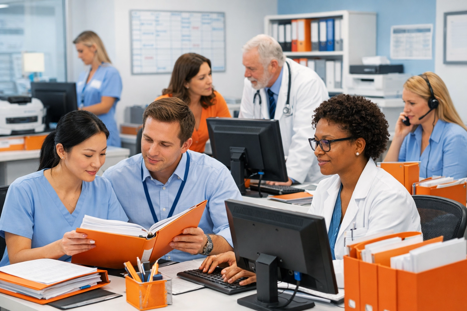 Hospital administrators and healthcare staff collaborate in a back office, illustrating complex healthcare staffing processes.