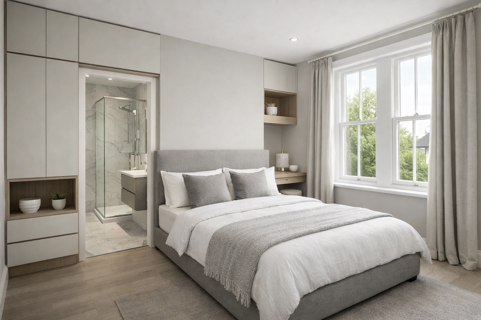 Premium co-living bedroom suite with modern en-suite bathroom in a high-end Hertfordshire HMO.