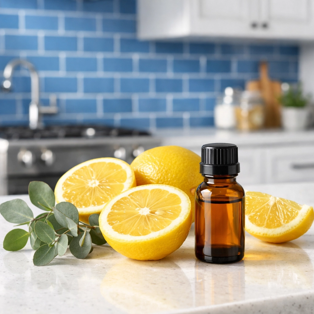 Natural cleaning ingredients like lemons and essential oils on a luxury kitchen island in Natick.