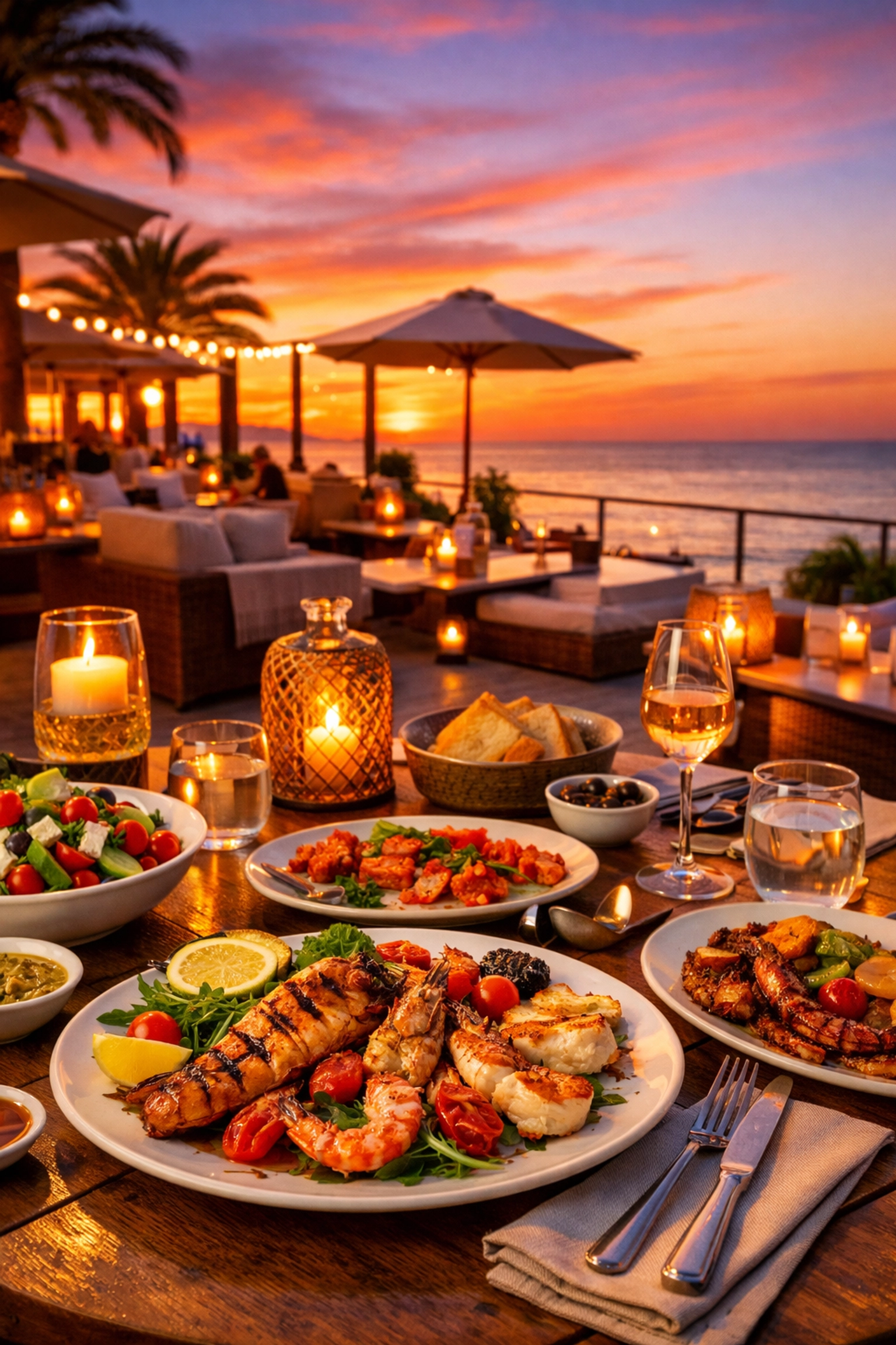 Gourmet Mediterranean seafood dinner on a scenic outdoor terrace at Dreams Madeira Resort during sunset.