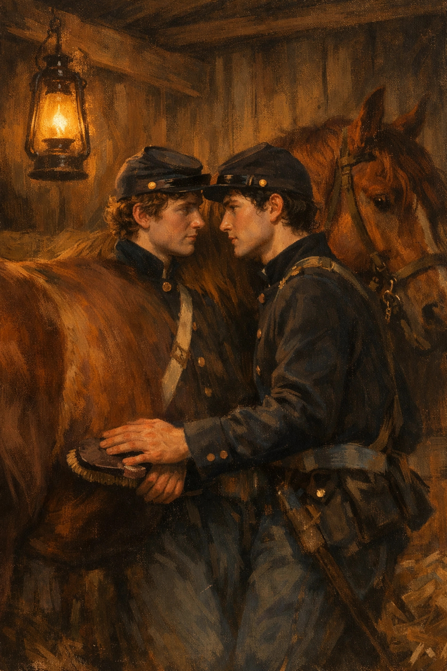 Two male soldiers grooming a horse in a stable, capturing the forced proximity trope in MM historical romance books.