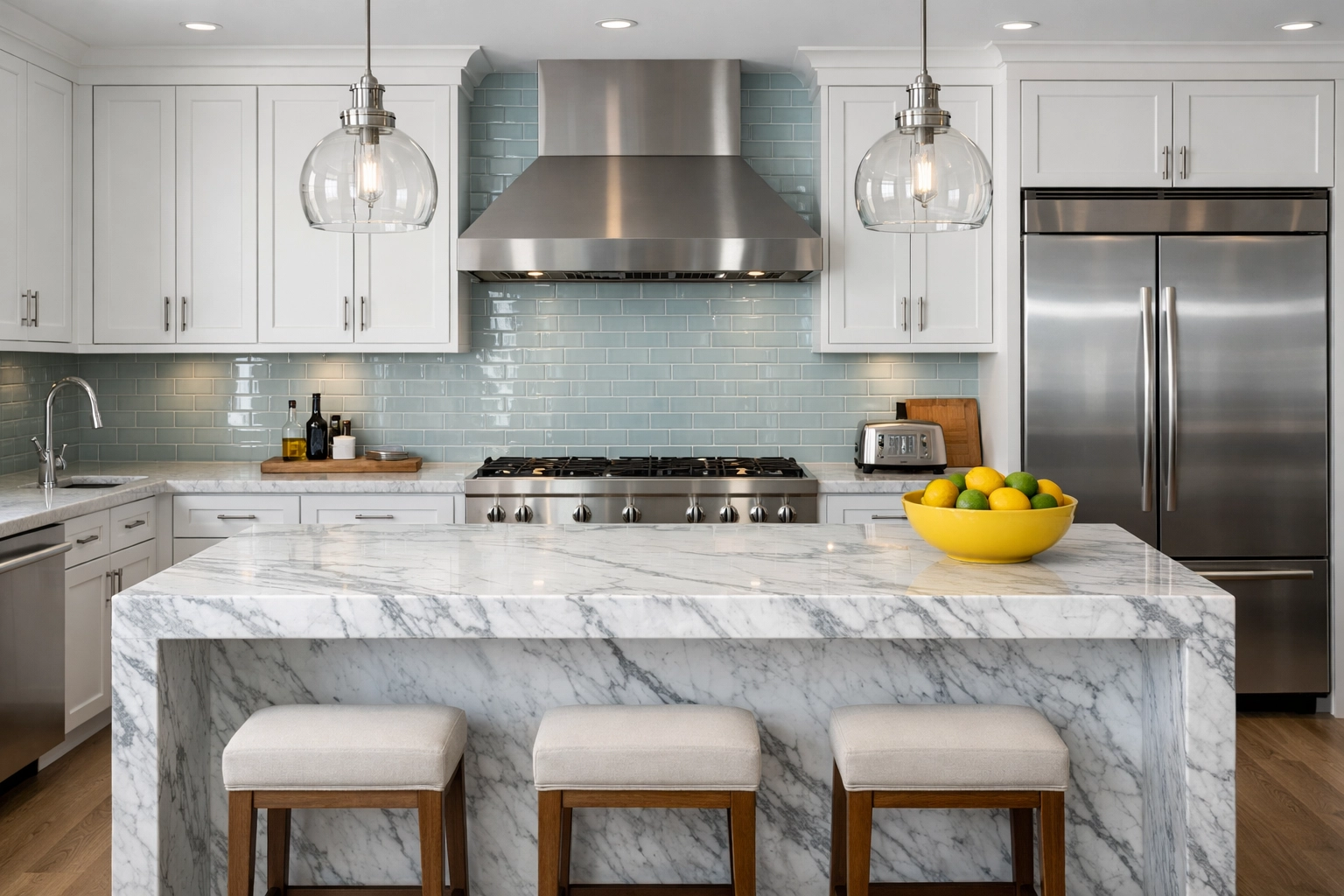 Spotless white kitchen and island in Leominster showcasing efficient professional house cleaning results.