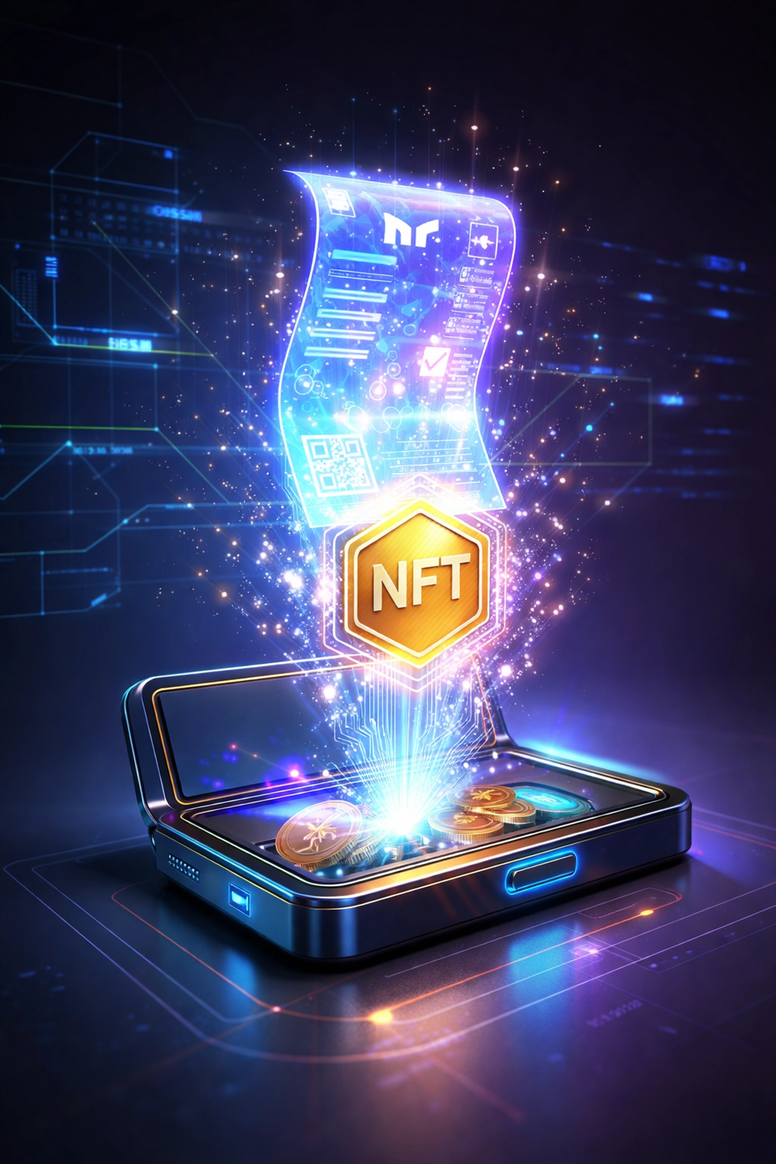 Digital receipt transforming into an NFT token above a cryptocurrency wallet, illustrating NFT receipts for blockchain payment proof in Larecoin’s Web3 payment system.