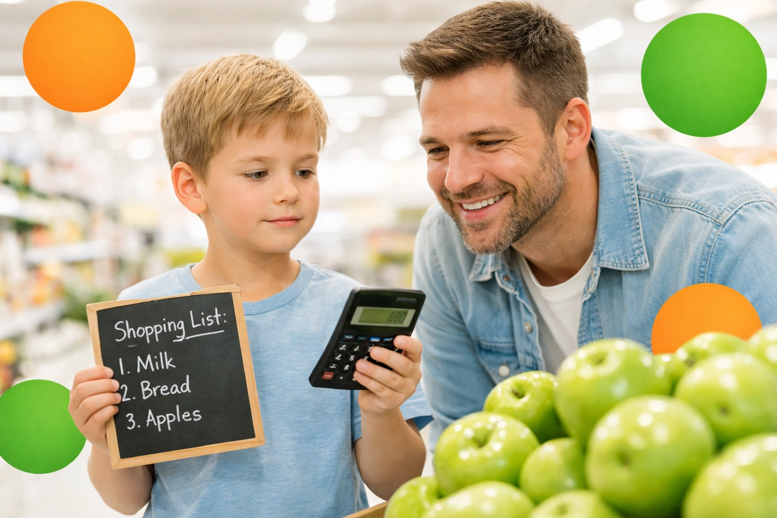 Father and son practicing financial literacy by calculating grocery costs together.