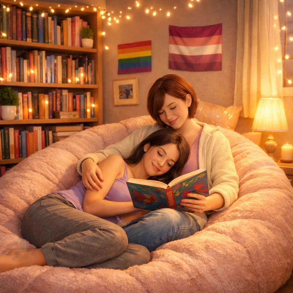 A lesbian couple reading together in a cozy bedroom with Pride flags, celebrating happy endings in LGBTQ fiction.