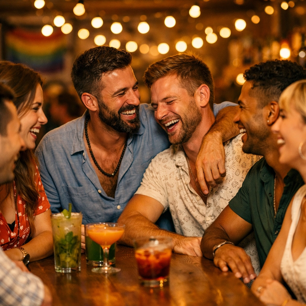 LGBTQ+ friends enjoying drinks and conversation at Athens gay bar