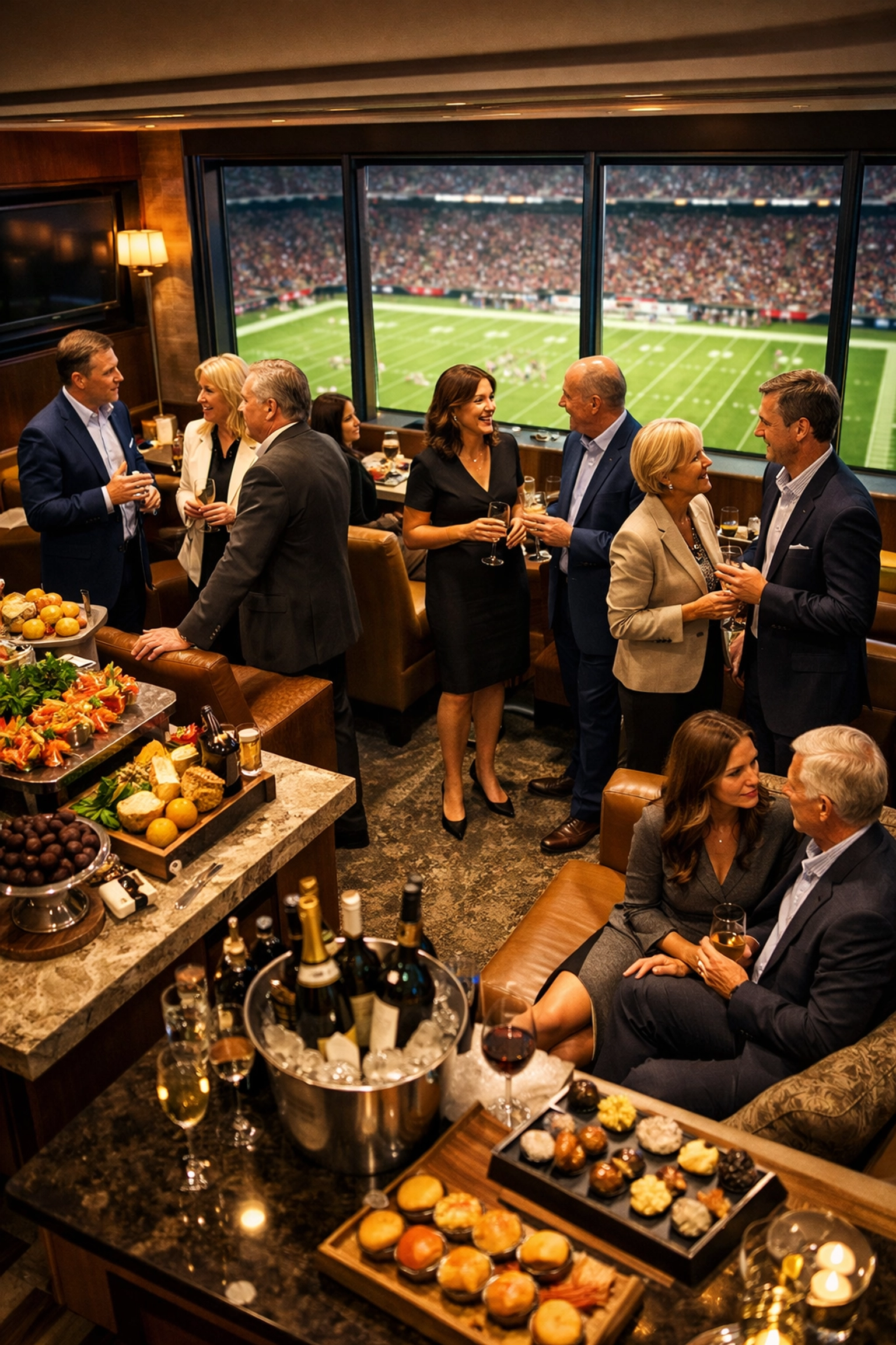 NEWSLETTER: Are You Making These 5 Fatal Super Bowl Travel Mistakes That Turn Executive Trips Into PR Nightmares? Executives networking in premium Super Bowl luxury suite with catering and field views