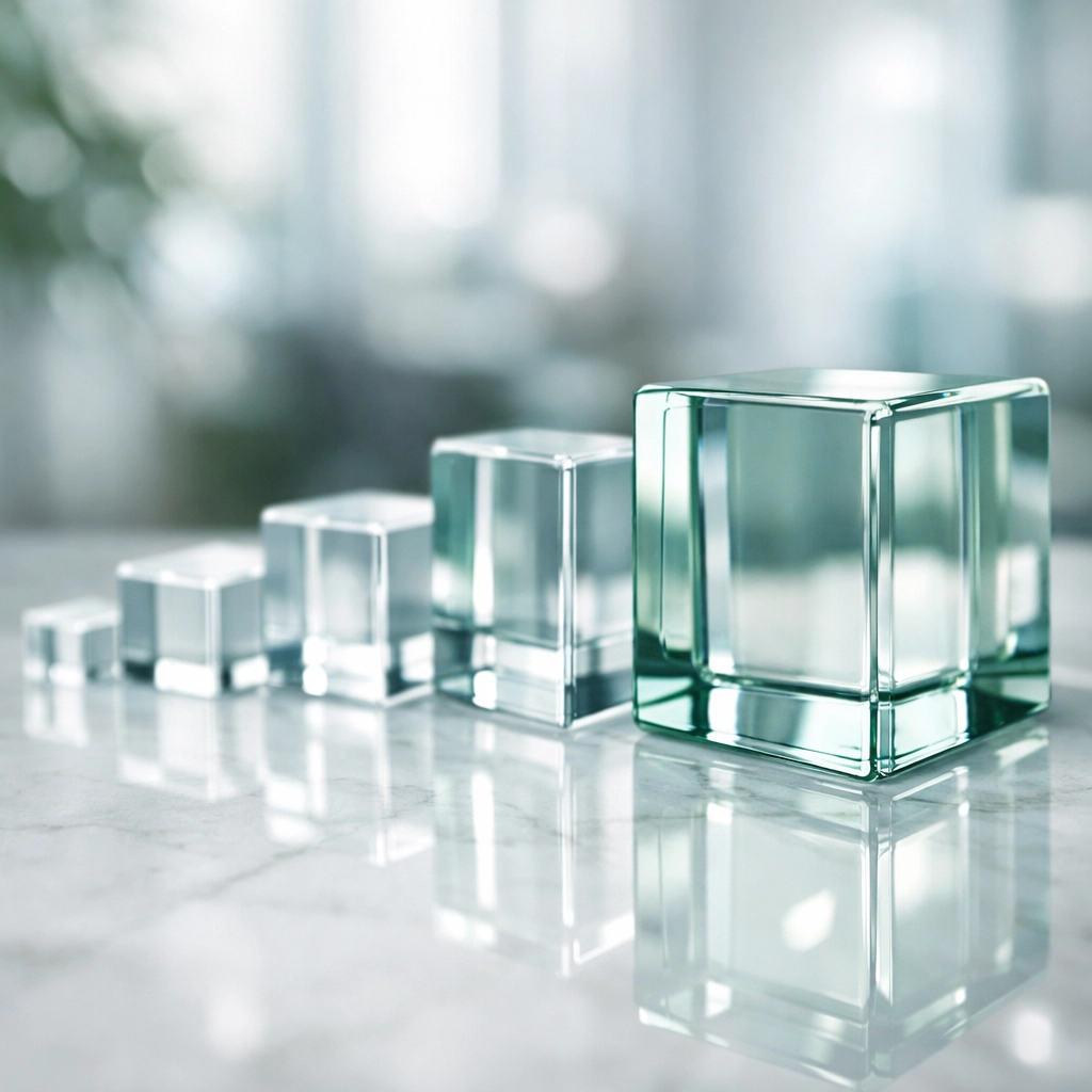 Ascending glass blocks illustrating how loan size affects working capital loan interest rates.