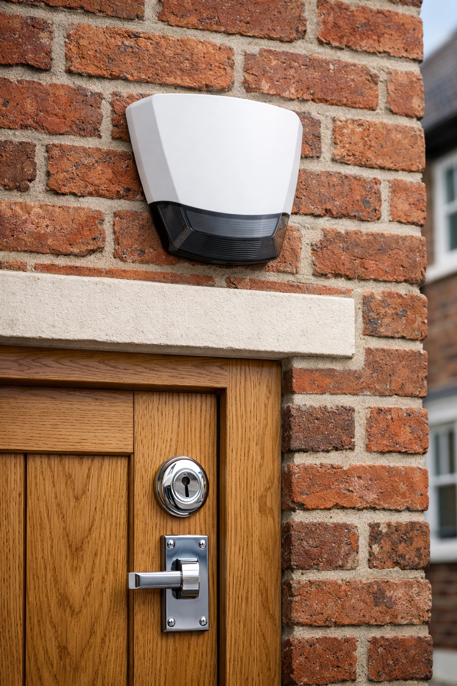 Modern intruder alarm sounder and high-security lock installed on a brick home in the UK.