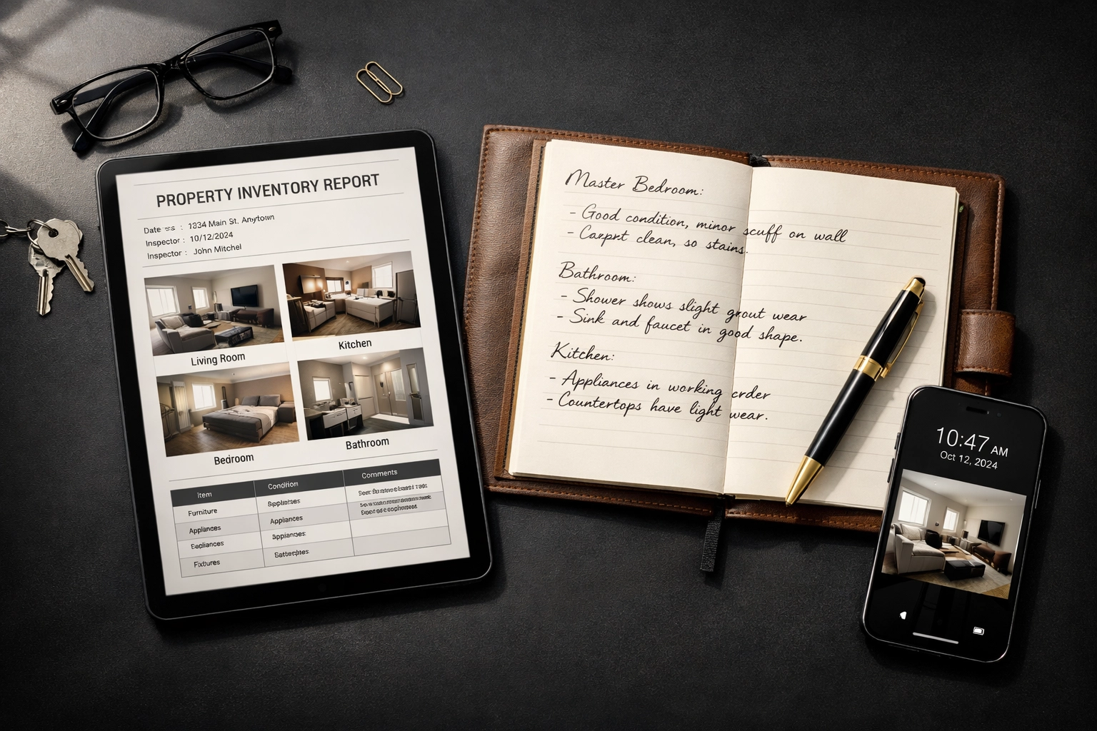 Digital property inventory tools including tablet, notebook and smartphone for professional documentation
