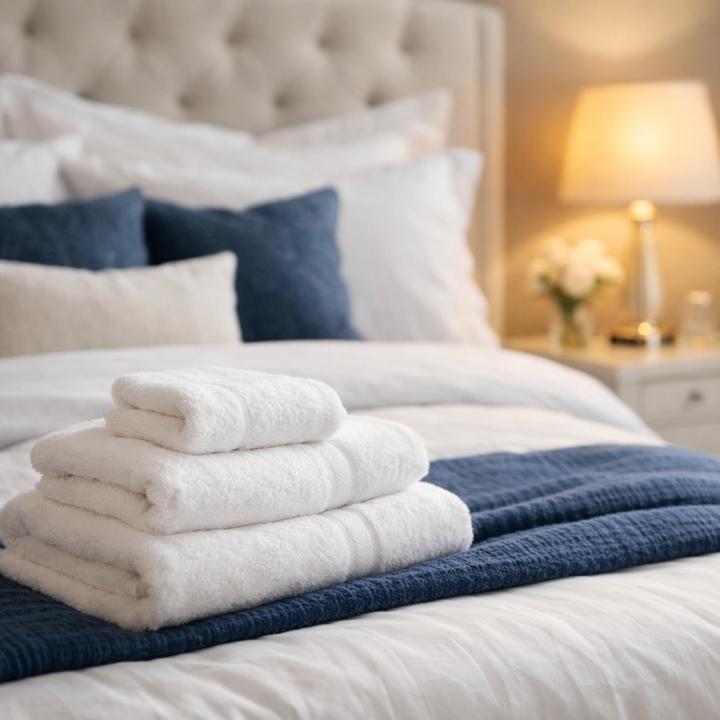 Luxury bedroom with a perfectly made bed and fresh towels, showcasing bi-weekly cleaning results.