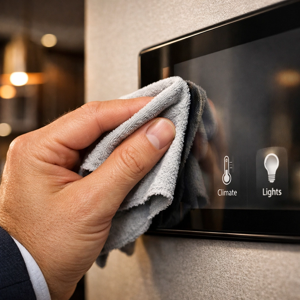 Expert residential cleaning in Orlando focusing on careful sanitation of a smart home touchscreen panel.
