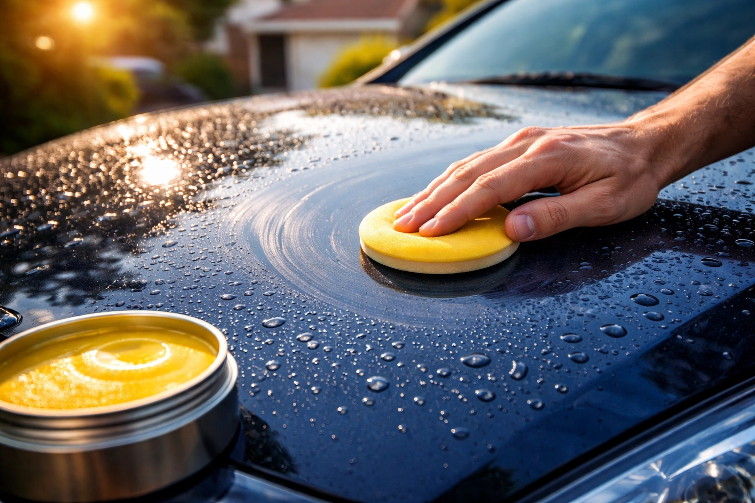 Close-up of a hand applying carnauba wax to a blue car bonnet, highlighting traditional car paint protection.