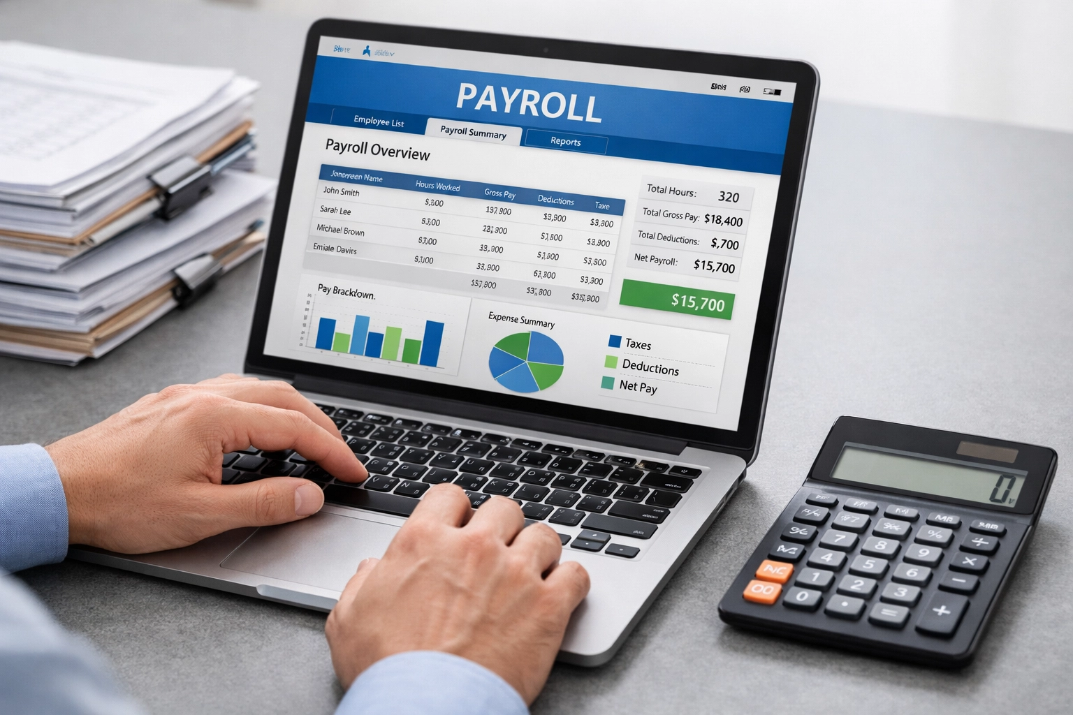 Tax preparer working on payroll software with organized business documents and calculator