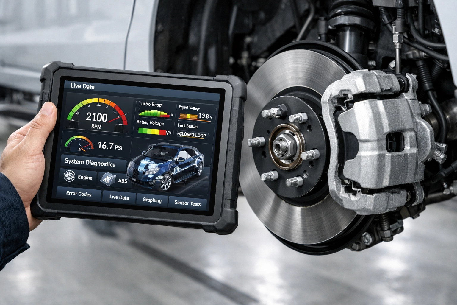 Technician using digital diagnostic tools for advanced brake system testing on a modern car.