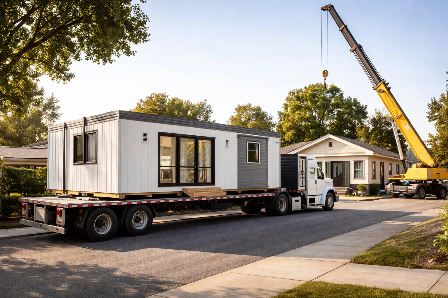 Flatbed truck delivering a prefabricated ADU module to a suburban Sacramento home, with crane for installation