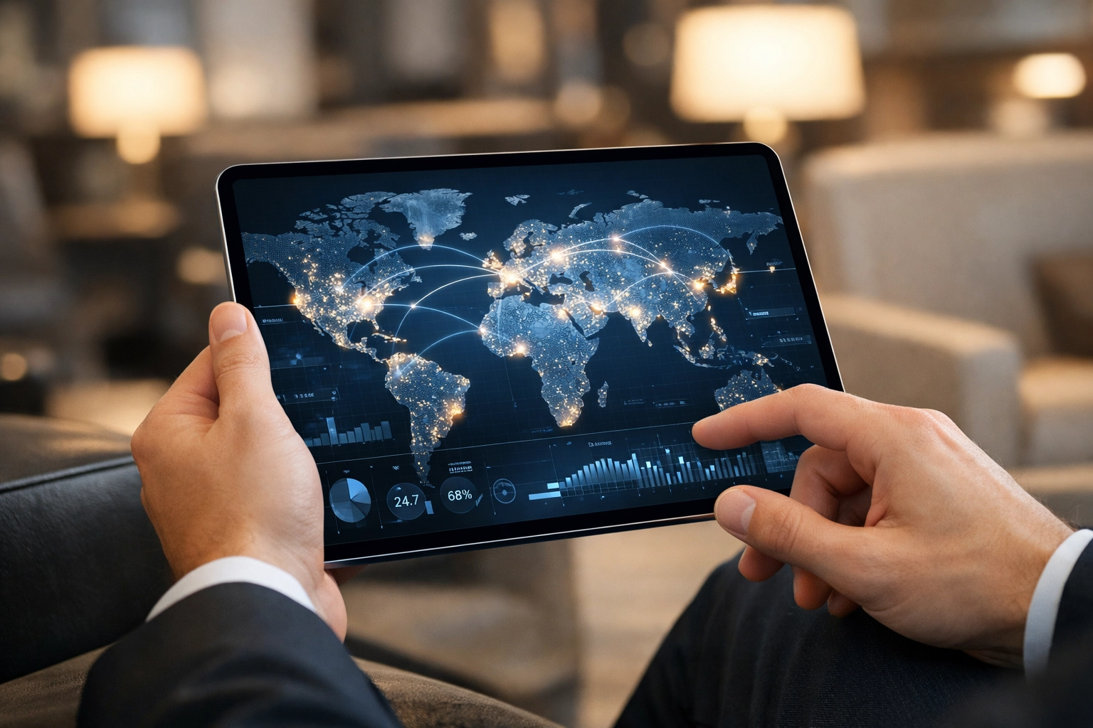 AI-powered travel management dashboard tracking global logistics and corporate flight paths.