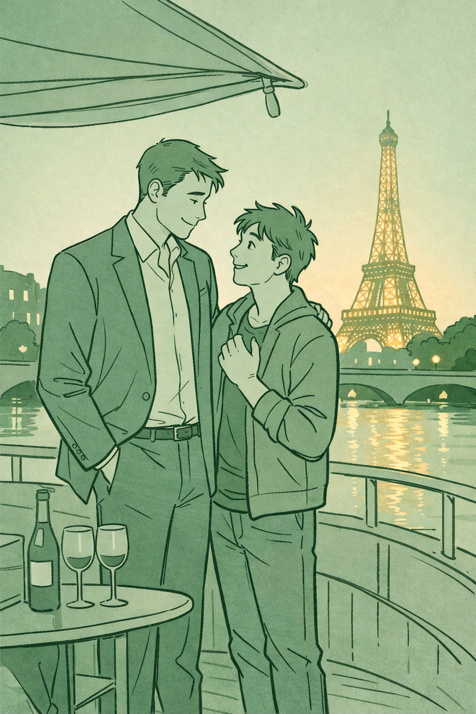 MM couple on Seine yacht at twilight preparing for romantic Paris proposal with Eiffel Tower backdrop