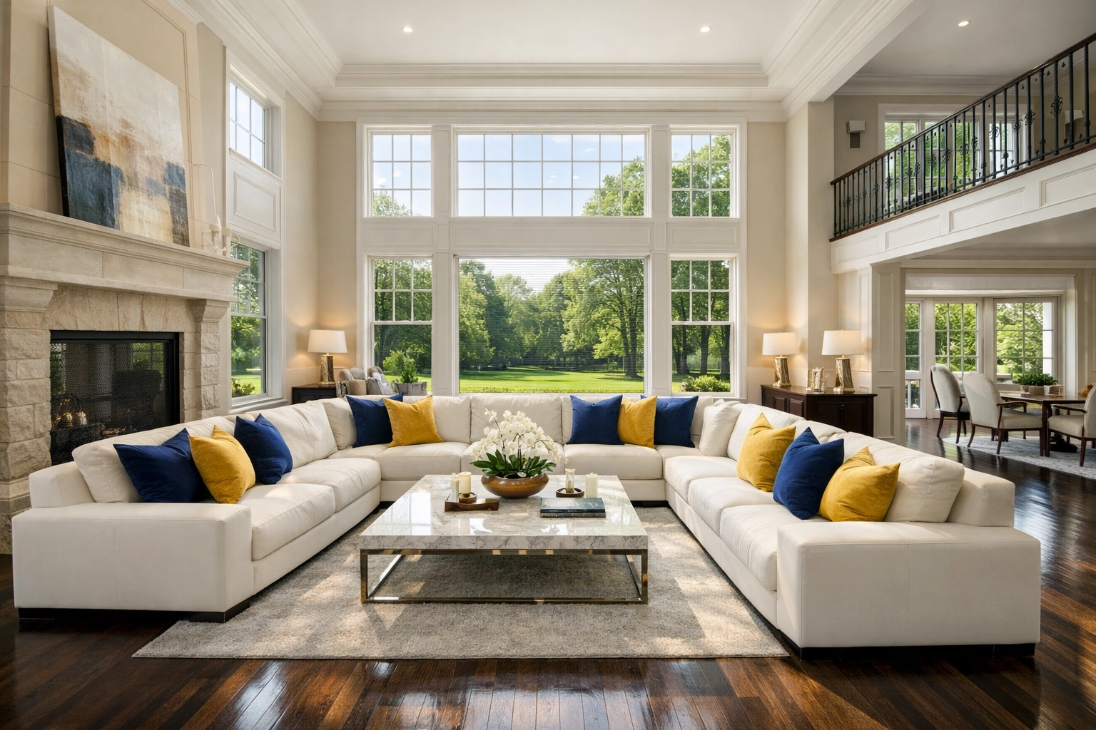 A sun-lit, professionally cleaned luxury living room in a Sharon estate with polished hardwood floors.